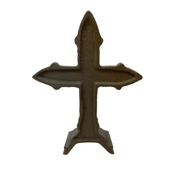 Vintage FLEUR DE LIS CAST IRON CROSS Standing Decorative Christian Symbol Table - Picture 3 of 3